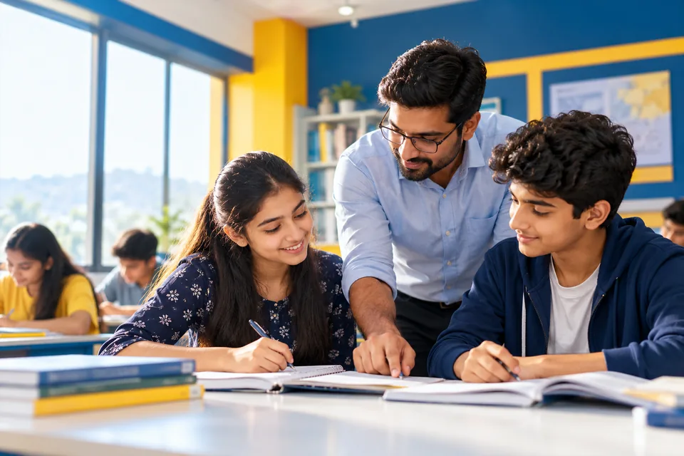 Illustrative image of a teacher helping students study in a bright classroom