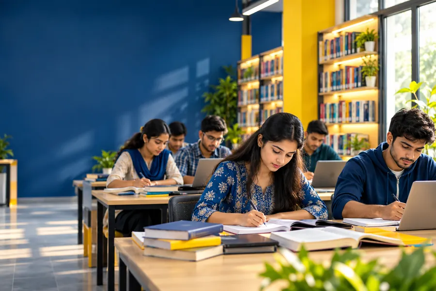 Illustrative image of students studying in a modern library